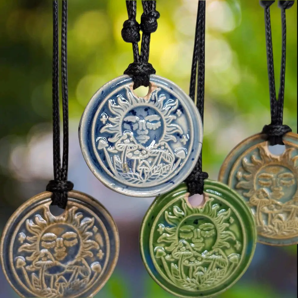 Sun And Mushroom Cottagecore Ceramic Wax Seal Pendant Hippie Whimsical Choker Adjustable Cord Necklace Clay Charms Chakra Handmade