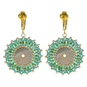 Gold Beaded Circle Clip On Dangling Earrings