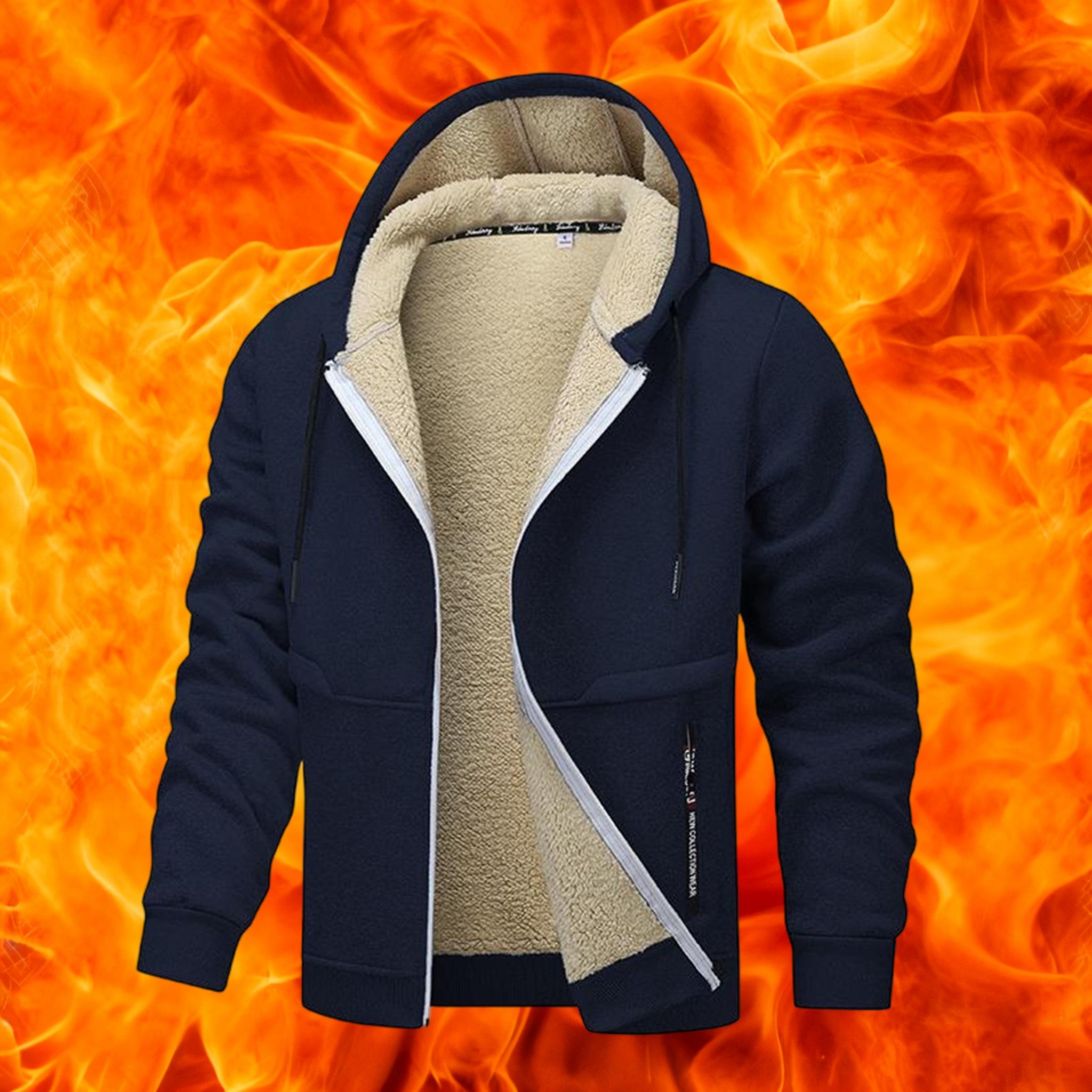 Men's Casual Zipper Wool Lined Hoodie - 100% Polyester Solid Color Long Sleeve Jacket, Lightly Stretchable Fabric, Suitable for Spring, Autumn, Hiking & Outdoor Activities, Regular Fit Hooded Sports Shirt, Men’s Warm Coat, Day Fleece Menswear  Beige Black