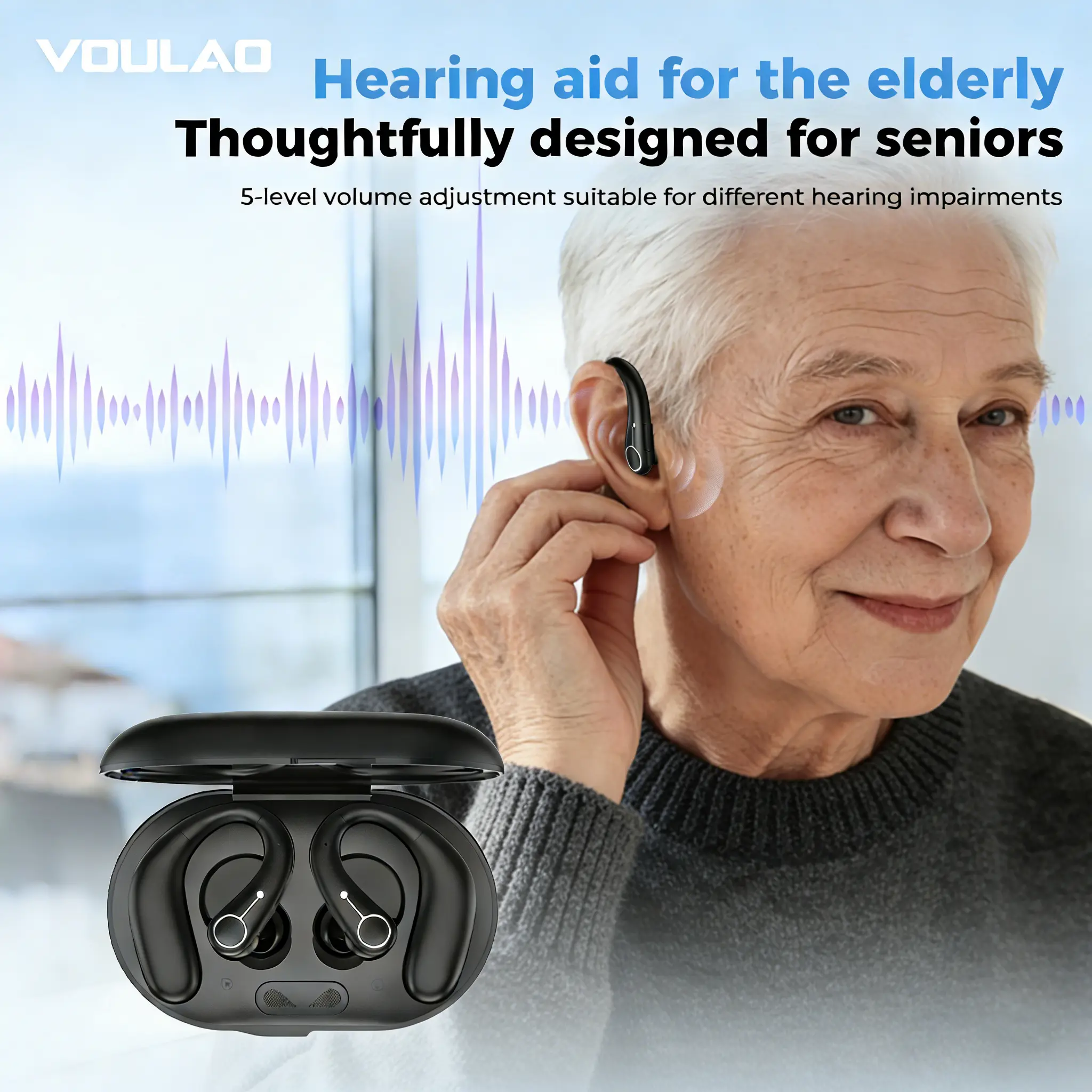 VOULAO Hearing aid wireless earbuds, in ear Bluetoothheadphones, in ear hearing aids, hearing amplifierssuitable for elderly and adults with hearing impairment,with digital display charging case, compatible withiOS/Android.