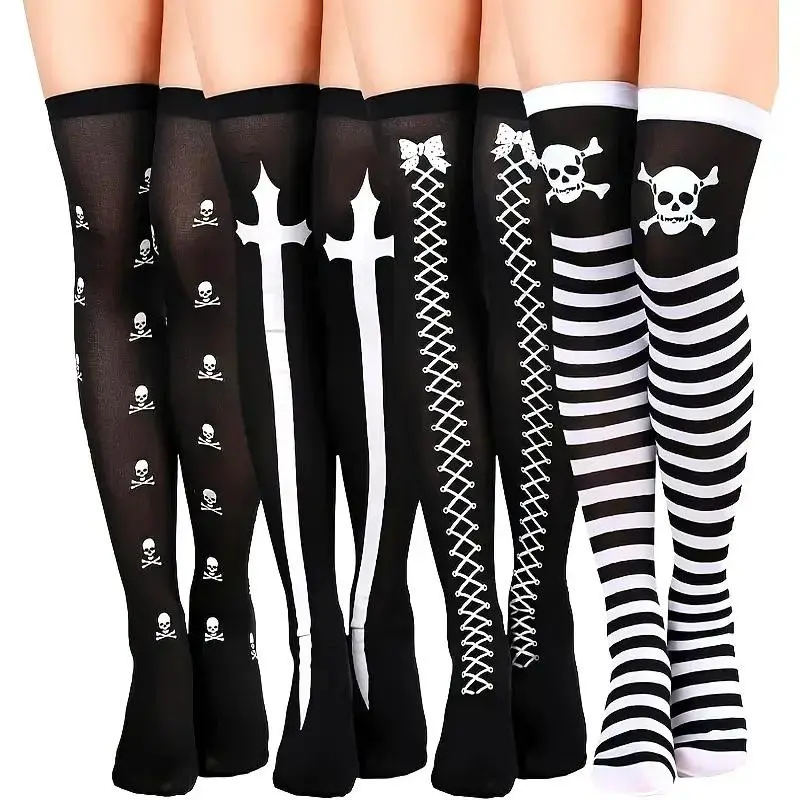 4 Pairs Halloween Thigh High Long Stockings, over Knee Cosplay Skull Socks, Perfect for Costume Parties, Comfortable and Stylish