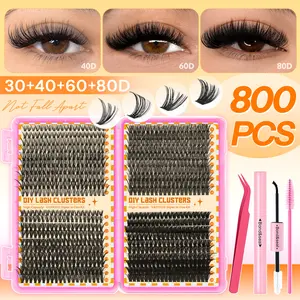 800pcs Individual Lash Clusters Kit with Glue & Tweezer | 8-16mm Mixed Styles Natural & Volume DIY False Eyelashes Makeup for Beginner | 30D+40D+60D+80D Waterproof & Reusable Lashes Extension Set