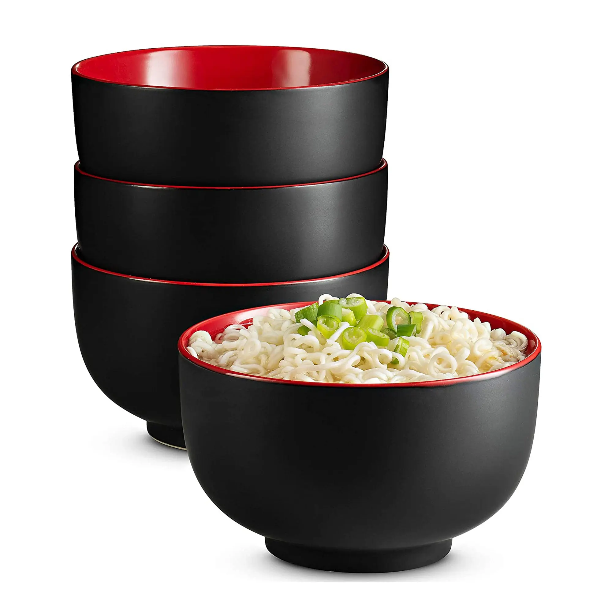 Kook Ceramic Asian Noodle Bowls - Set of 4, 34 oz, Black & Red Tableware, Durable Kitchenware Microwave Ramen Bowls