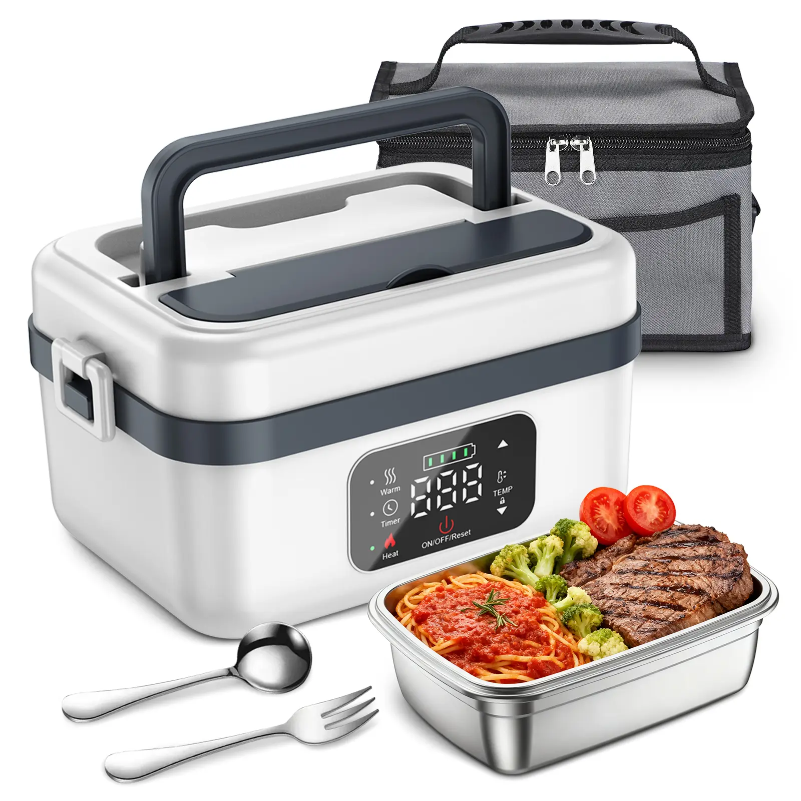 1-Layer Rechargeable Electric Heated Lunch Box Tableware Set - 1L, 16000mAh Battery-Powered Food Warmer with Fork & Insulated Bag, Auto-Heating for Office/Car Use, BPA-Free, Leak-Proof, Dishwasher Safe