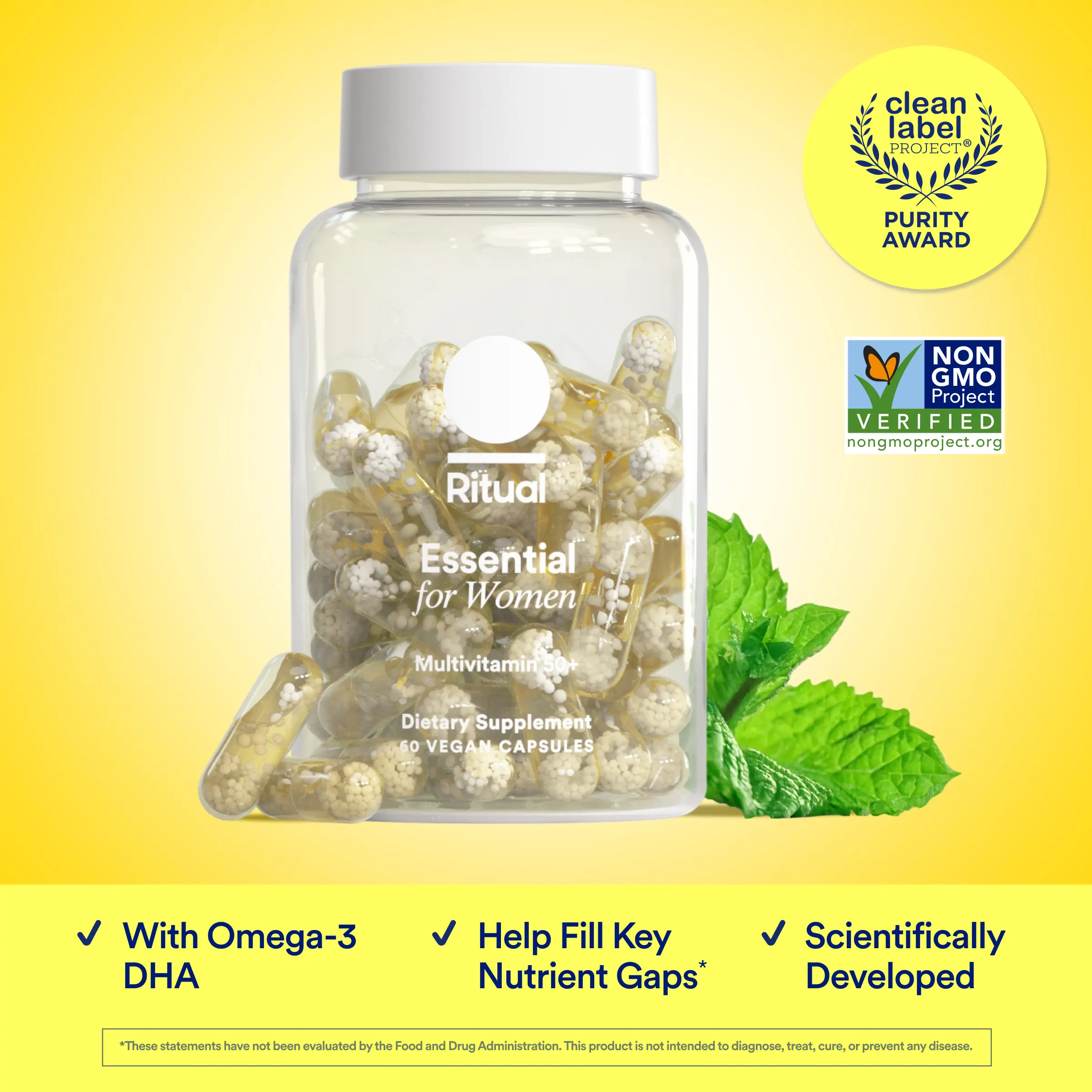 Ritual Essential for Women 50+ Multivitamin Vitamin D3, Vegan Omega-3 DHA, B12, Iron, USP Verified, Gluten-Free, 60 Capsules Supplement