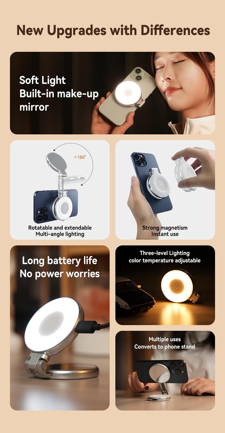 【Valentine's Gift】TELESIN 3-in-1 Magnetic Mirror Selfie Light –360° LED Ring Light with MagSafe, Mirror and Phone Stand, Portable Rechargeable Fill Light, 3 Color Temperatures for Makeup, Live Streaming, Video Calls, Gift, Compatible with iPhone 17