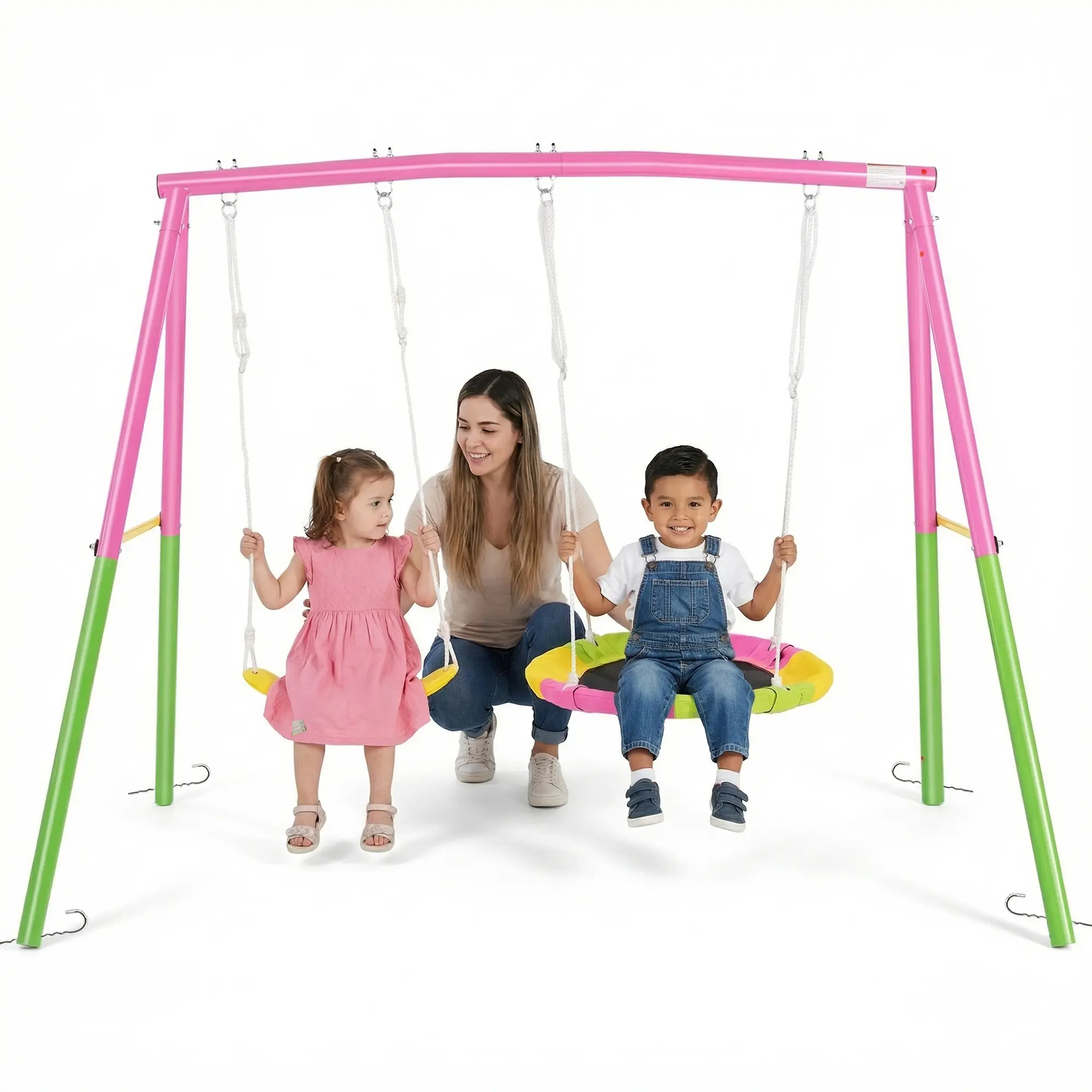 Mersco Heavy-Duty Steel Backyard Double Swing Set - 440lbs Capacity Stand, 32" Saucer Swing, 26.2" Belt Seat, Pink Unisex Outdoor Play Equipment for Kids, Patio Use, Easy Install, High Quality Ground Anchors, Gift for Kids, Metal Frame