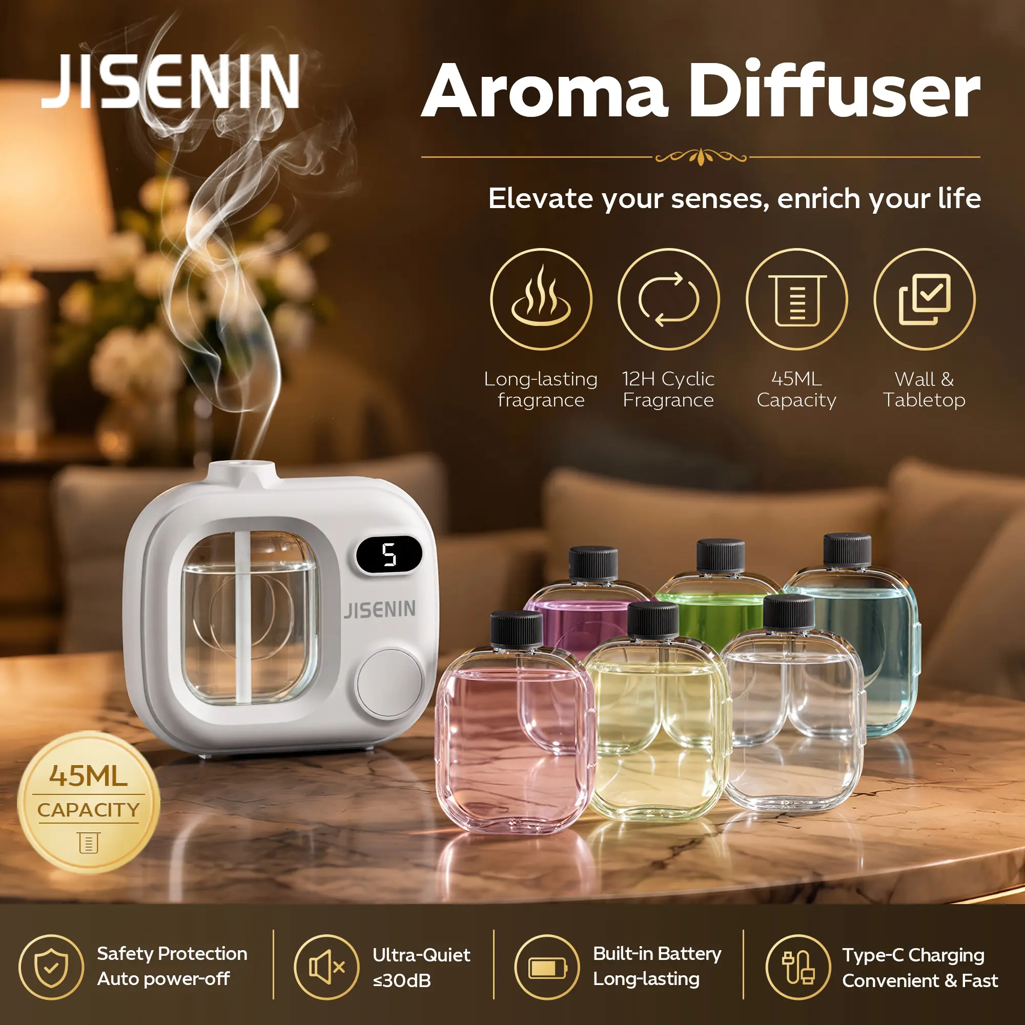 JISENIN Portable Aroma Diffuser: 23-Day Battery, 5 Spray Modes, 800 Sq Ft Coverage. Ultra-Quiet 10dB. Wall-Mount or Desktop, Type-C Charging, 45ml Tank. Great for Home, Office, Yoga & Travel bedroom humidifier