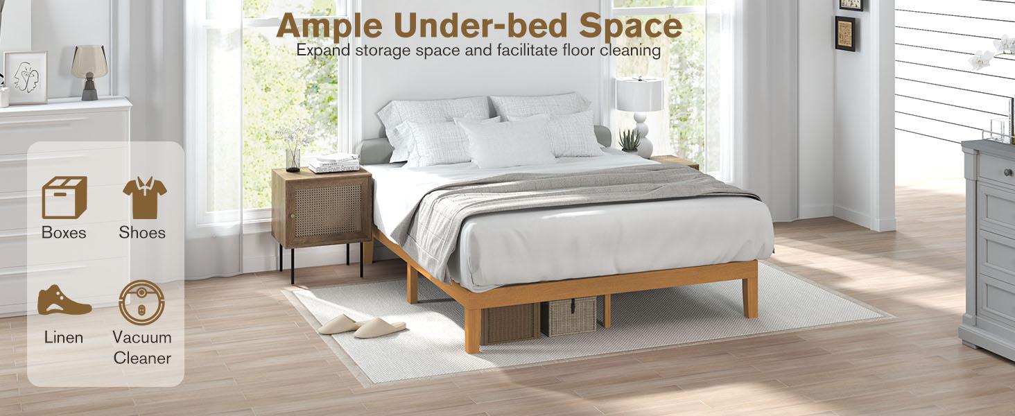 Solid Wood Bed Frame, Bed Base with Wood Slat Support, Sturdy & Stylish Design, No Box Spring Needed, Easy Assembly, 12 in Natural Pine