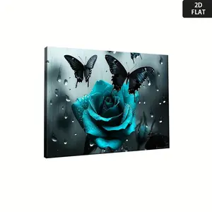 2D Flat, Turquoise Blue Rose & Black White Raindrop Wall Art Print - Modern Wrapped Canvas Framed Poster for Home Office, Bedroom, Living Room Decor - Vibrant Botanical Painting with Water Droplets, Inspirational Nature-Themed Wall Decoration	