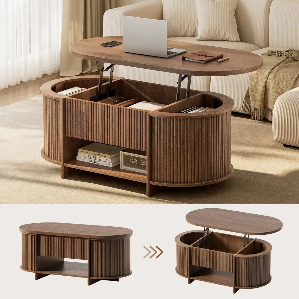 SIKAIC Lift-Top Coffee Table with Storage, Rectangular Wooden Coffee Table for Living Room, Walnut Brown Center Table