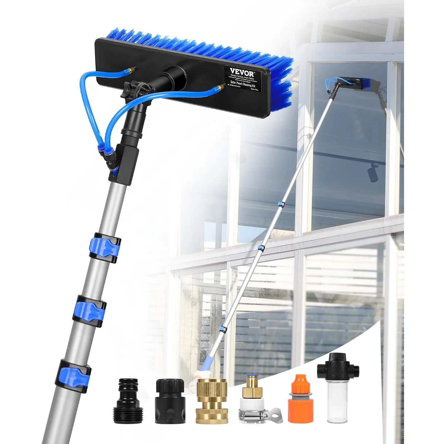 【SummerFinds】VEVOR Water Fed Pole Kit, 12FT Solar Panel Cleaning Pole with Extendable Handle, 180° Rotatable Brush Head & 65.6FT Hose, Household & Outdoor Window Cleaner Tool for Caravan Solar Panel Deck