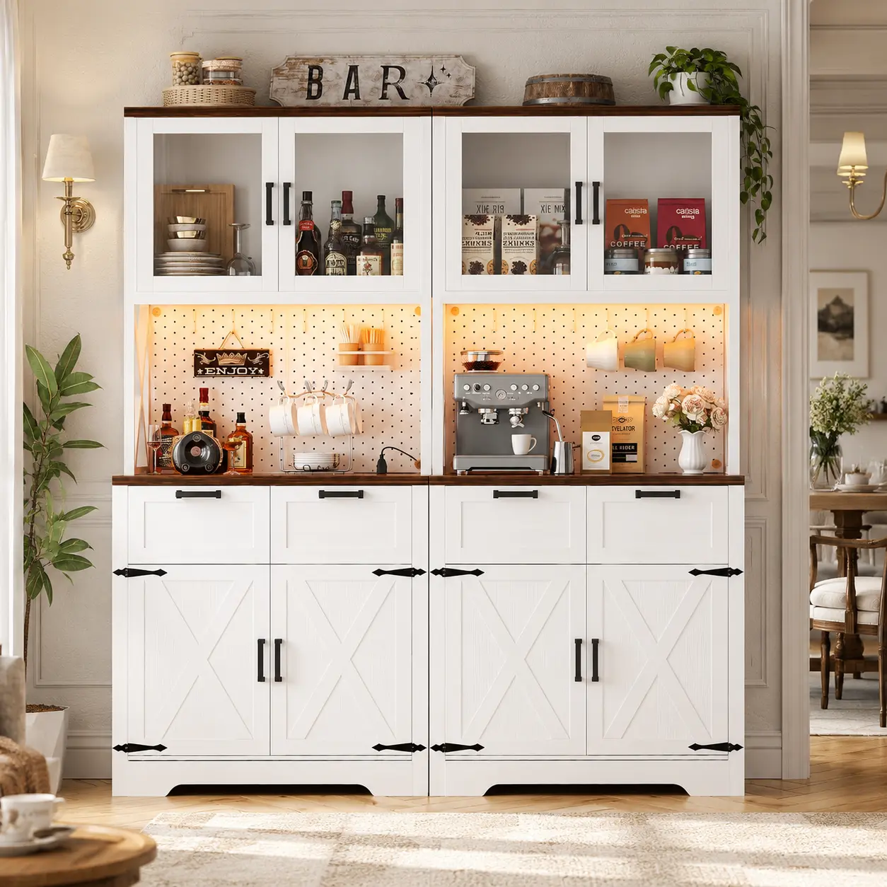 Homieasy Kitchen Pantry Storage Cabinet with LED Light & Outlet, Pantry Cabinet with Microwave Stand, DIY Pegboard, Drawers and Adjustable shelf, Farmhouse Kitchen Hutch for Dining Room, Furniture