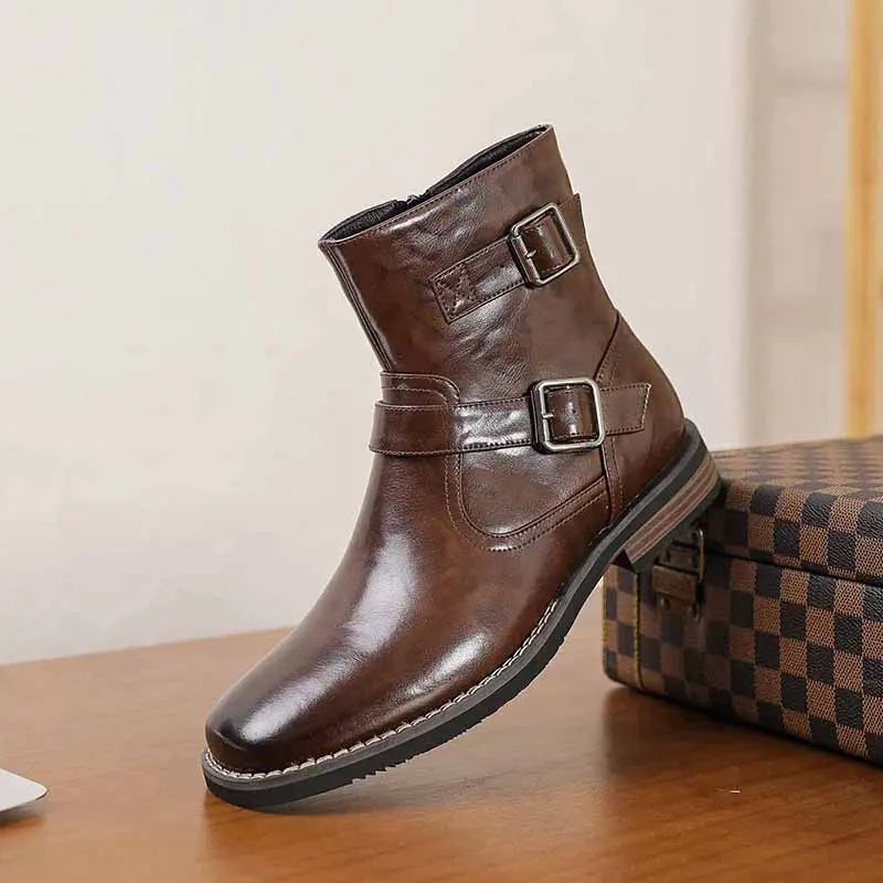 CYUW Men’s Retro Buckle Ankle Boots, Side Zipper Chelsea Boots, Everyday Casual Low-Heeled Dress Boots (Black/Brown)
