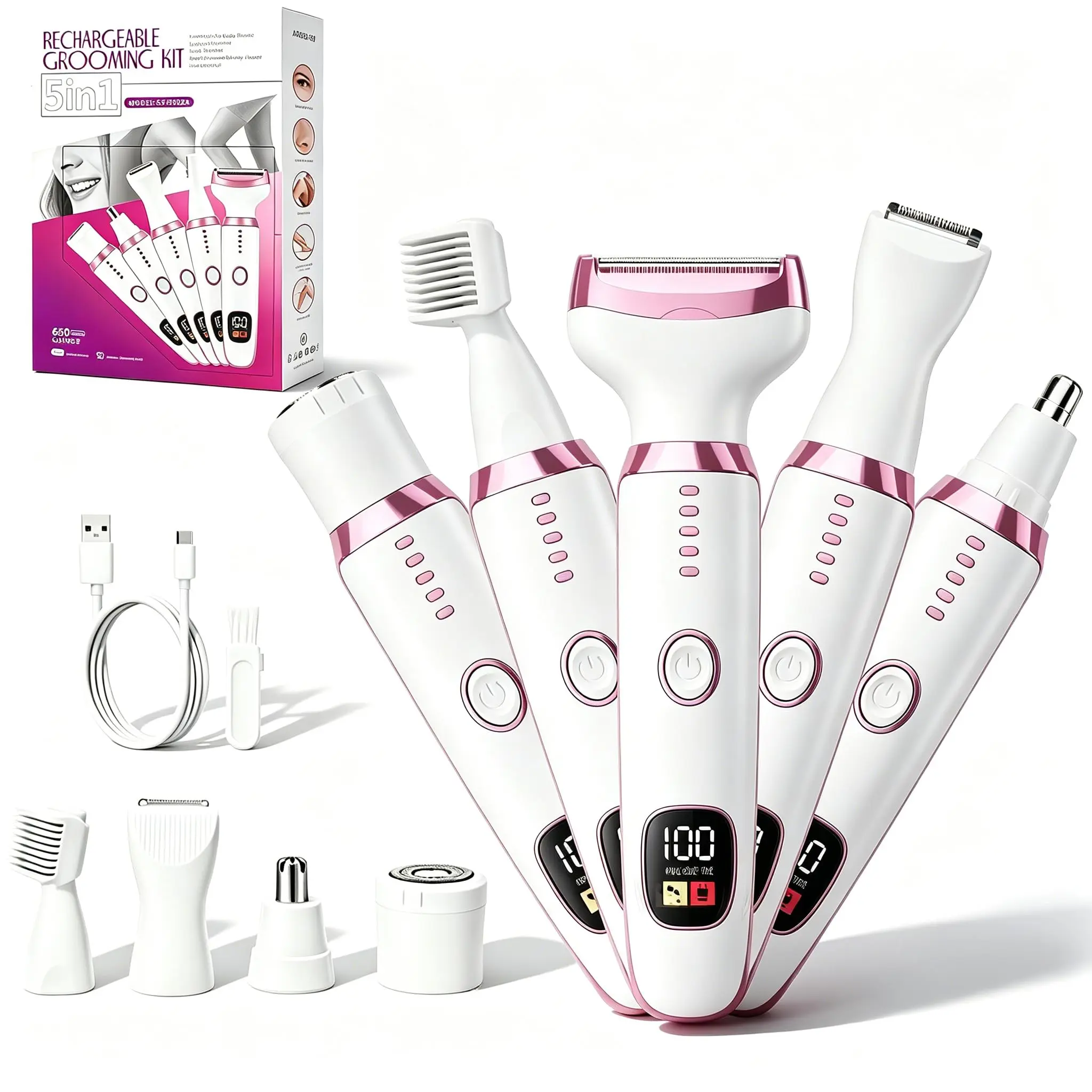 GMOX 5-in-1 Electric Razor for Women, Rechargeable Full Body Shaver with Face Bikini & Body Trimmer Heads, IPX7 Waterproof Wet Dry Hair Removal Kit, Portable Type-C Shaver