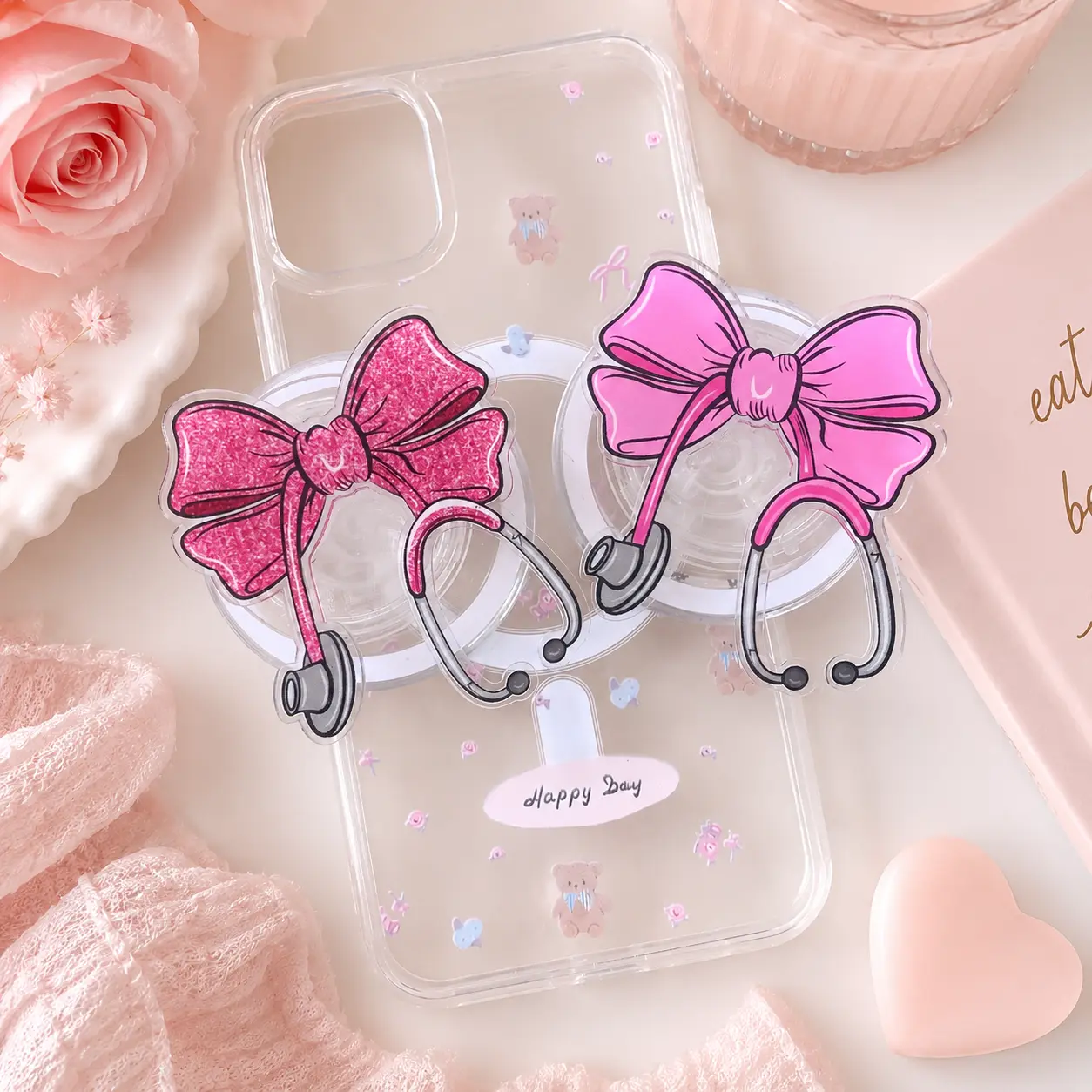 Nurse Stethoscope Bow Magnetic Phone Grip, Pink Medical Phone Holder, Cute Nurse Gift, Healthcare Worker Accessory