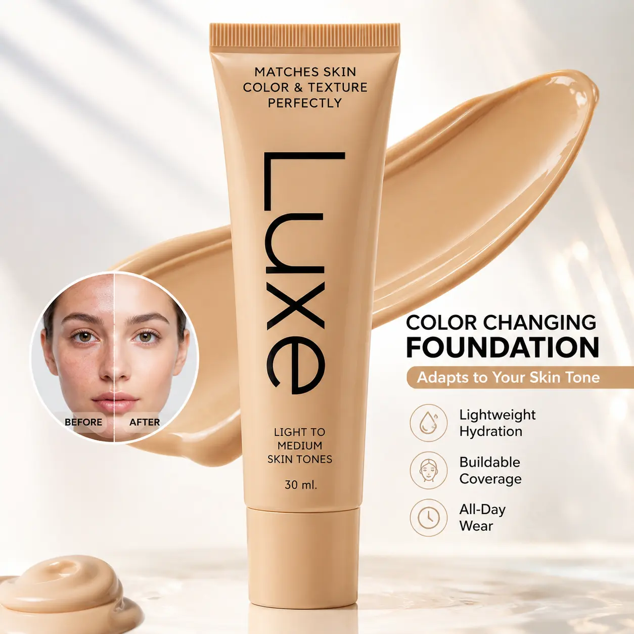Color Changing Skin-Tone-Adapting Foundation Cosmetic, 30ml Tube, for Light to Medium Complexion All Types, Lightweight Blendable Second-Skin Feel, Buildable Coverage, Natural Dewy Finish, Moisturize Hydrating with Centella, Ideal for Daily Makeup Routine