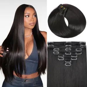 Mamushow Yaki Straight Clip in Hair Extensions Human Hair Seamless Pu Clip ins Hair 8 Pcs 18 Clips Human Hair Natural Black 12-30 Inches 120g/pack