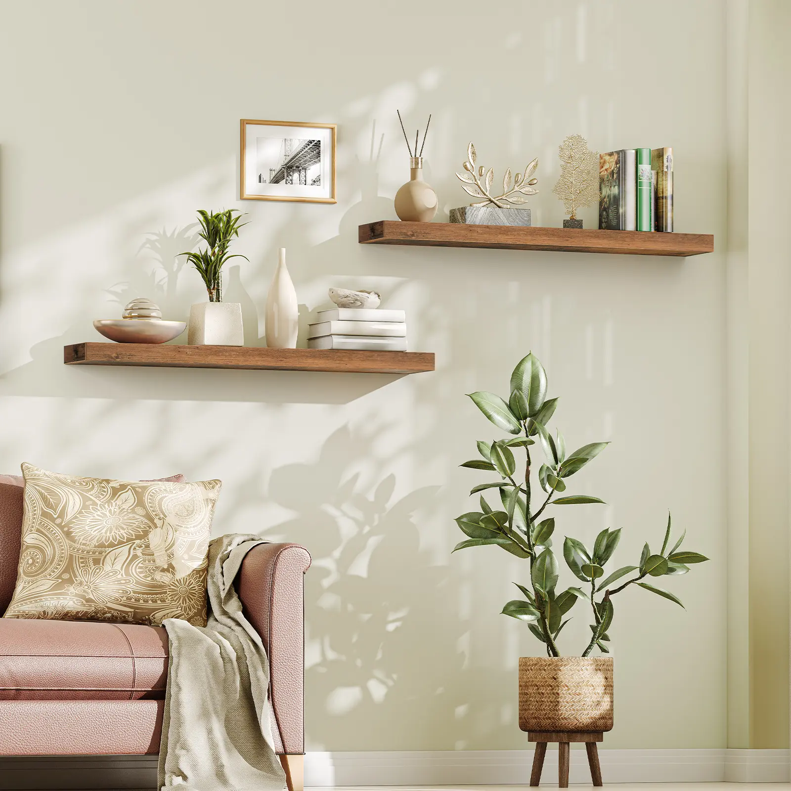 HOOBRO 47.2 Inch Floating Shelves, Wall Shelf Set of 2 with Invisible Brackets, for Wall Decor in Bathroom, Bedroom, Kitchen, Living Room, Toilet