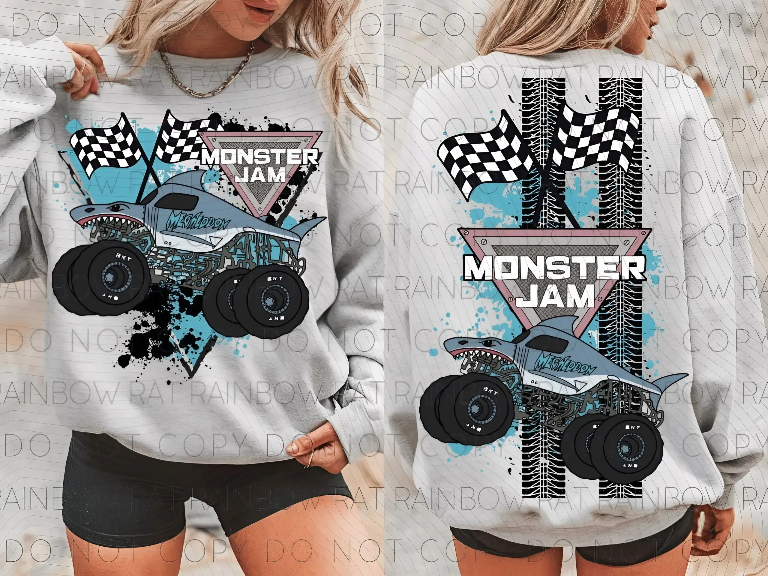 Monster Jam Megalodon 2 Sided Sweatshirt, Monster Truck Sweater, Racing Car Graphic Crewneck Pullover, Monster Jam GIFT