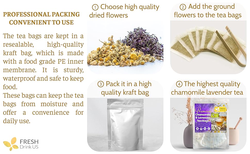 【FreshDrinkUS】 60 Chamomile Lavender Tea Bags, 100% Natural Ingredients, Hand-made Blend of Chamomile and Lavender Flowers, Eco-conscious Tea Bags. Chamomile Lavender Herbal Tea. No Sugar, No Caffeine, No Gluten, Vegan. Beverage
