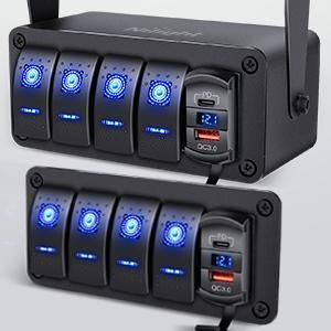 Nilight 4 Gang Rocker Switch Box 12V SPST ON Off Switch PD Type C and QC 3.0 USB Charger Voltmeter Waterproof Aluminum Rocker Switch Panel DIY Stickers for Boats Cars RVs Trucks Headlights Taillights