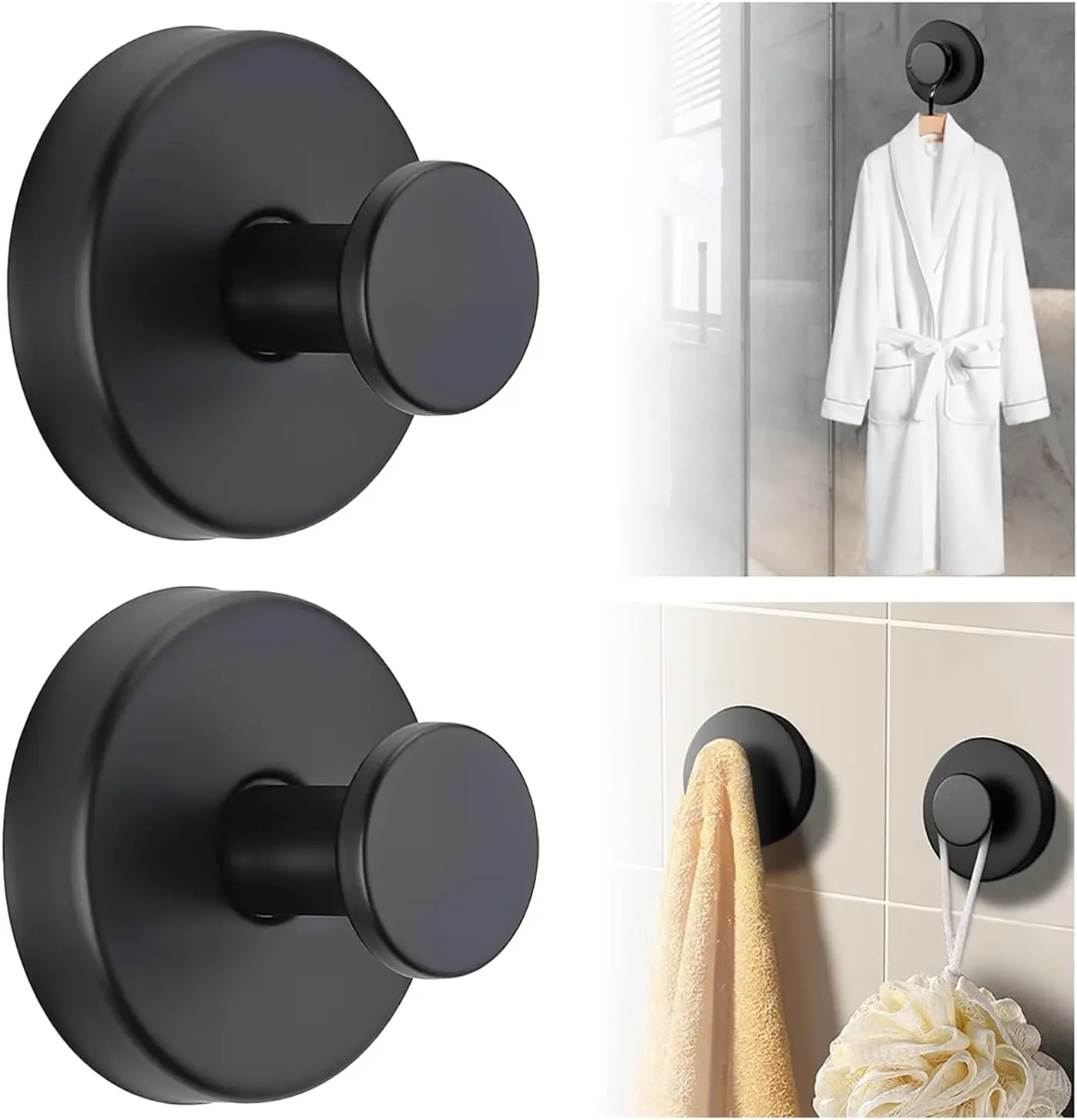 Suction Cup Hook for Shower Removable Stainless Steel Shower Towel Suction Cup Hook For hanging bathrobes and towels on bathroom walls, kitchens, glass, mirrors, and tiles --- Black