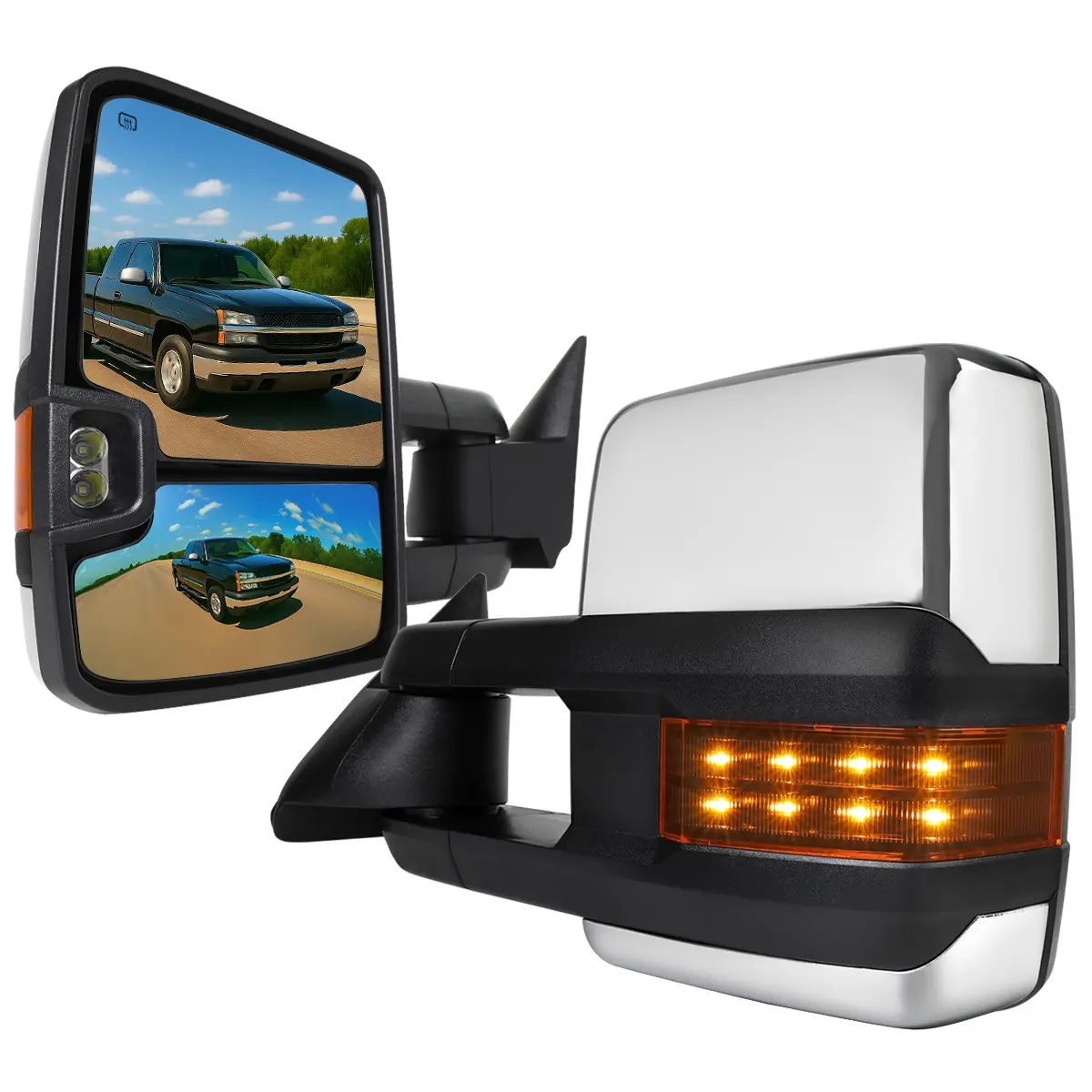 2002-2007 Silverado/Suburban/Tahoe/Avalanche Sierra/Yukon/Yukon XL Power Heated Chrome Towing Mirrors w/ Amber Lens LED Turn Signal & Clearance Lights