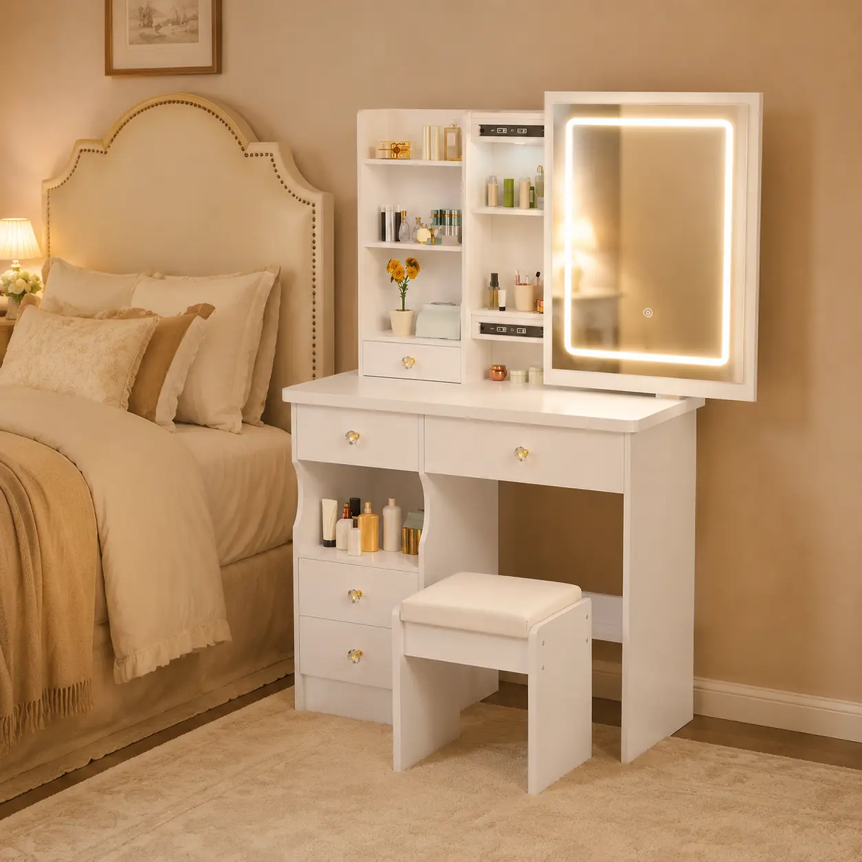 Wood Makeup Vanity Desk with Mirror - 3-Color Dimmable LED Touch Mirror, White Minimalist Design, Large Silent Smooth Soft-Close Drawers, Crystal Knobs, Multi-Storage Shelves, PU Cushioned Stool, Cosmetic & Jewelry Organizer for Bedroom Daily Makeup