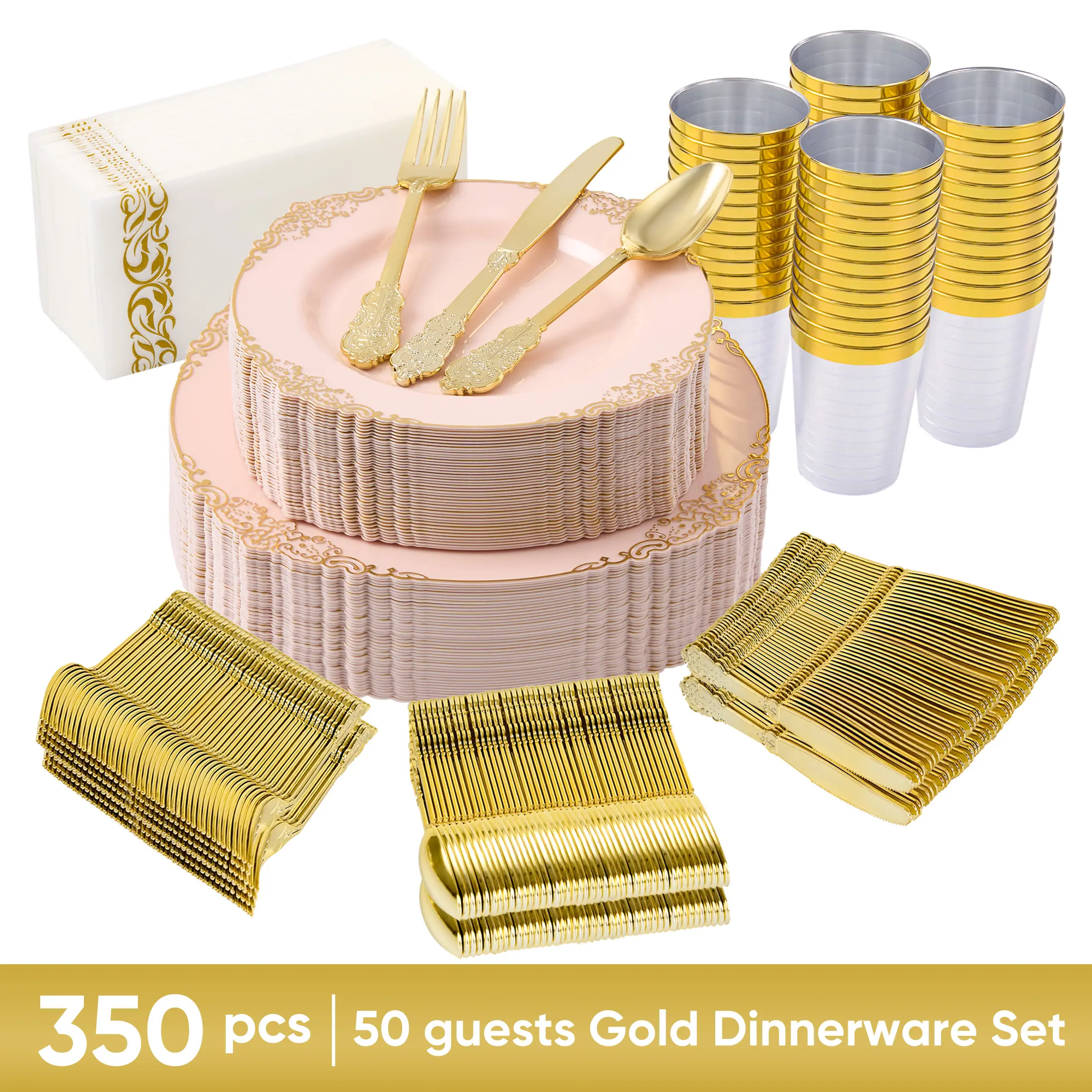 350 PCS Disposable Dinnerware Set - Plain Sturdy Pink & Blue Plastic Plates, Cups, Cutlery - Outdoor-Ready for Weddings, Casual Gatherings, Wedding,home essentials