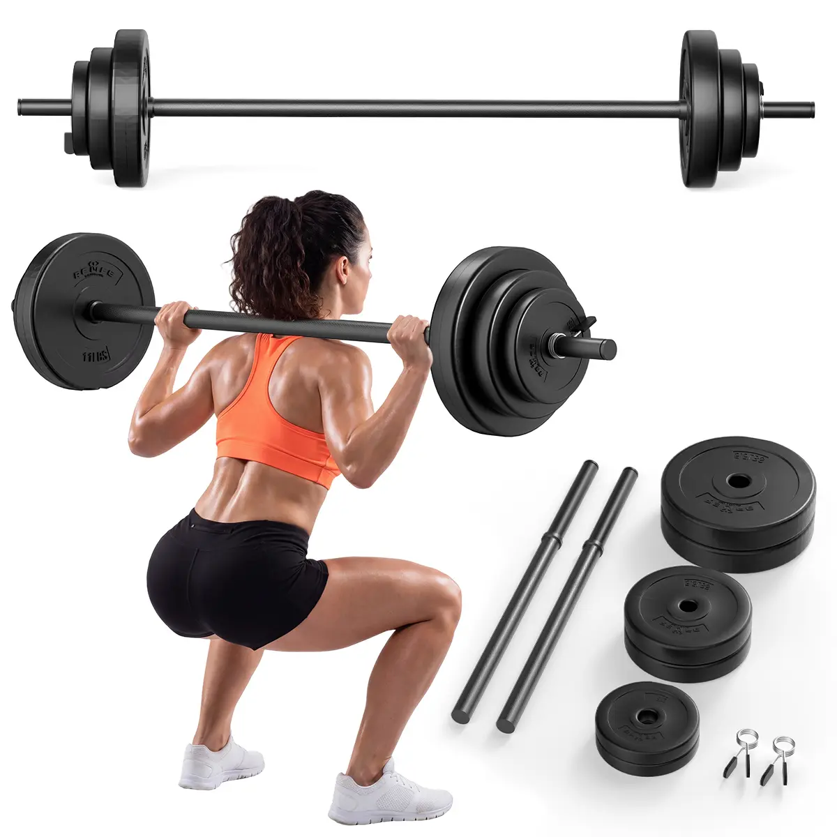 RELIFE SPORTS 45 lb Barbell Weight Set, Adjustable 4.8ft Bar with 2x11, 2x5.5, 2x2.75 lb Rubber Coated Plates & Spring Clips, Full Body Workout Home Gym Strength Training for Men & Women
