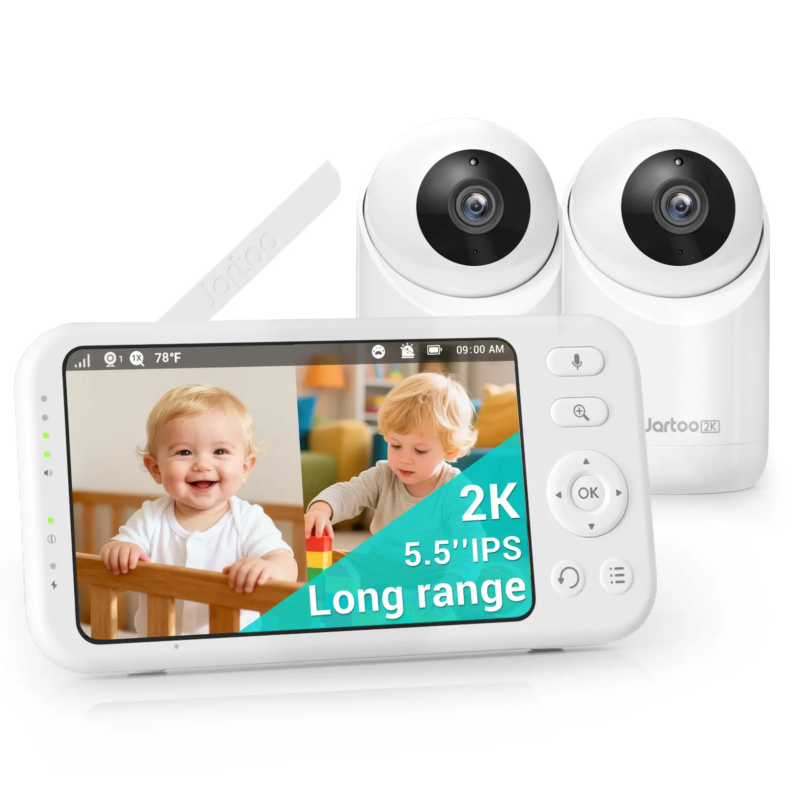 Jartoo 1860ft Long Range Video Baby Monitor with 2 Cameras and Audio, 5.5" Full HD Screen, No WiFi 2K Baby Camera, AI Cry Detect, Clear Night Vision, 2-Way Talk, White Noise, 6000mAh