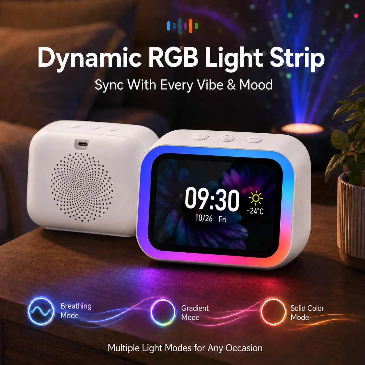 AI Smart Speaker Smart Alarm Clock with Wireless Speaker and Dynamic RGB Lights | HiFi Stereo Call Speaker | Voice Assistant Weather Period Tracking | 2500mAh Portable Charging Bedside Digital Clock | Valentine Gift for Bedroom Living Room Home Use