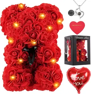 Rose Bear for Valentines Day Gifts 10 Inch Red Flower Teddy Bear with Lights Box I Love You Necklace Card Balloon Birthday Mothers Day for Girlfriend Mom Wife Women