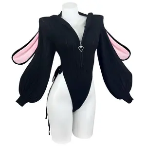 Cute Knitted Bunny Suit Christmas with Fuzzy Rabbit Ears Anime Cosplay Costume Underwear for Women Plus Size Lingerie Fancy Nancy Outfits for Halloween Jumpsuit Black Clothes Womenswear Everyday Soft Fabric Love Matching Streetwear Style
