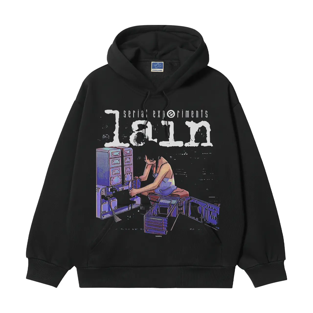 Men's Lain "Organization" Heavyweight Vintage Cotton Blend Hoodie, Longsleeves Pullover, Round Neck Baggy Casual Biker Sweatshirt, Classic Anime Menswear Tops, Black