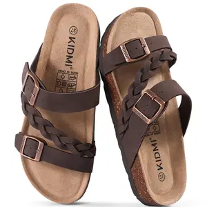 KIDMI Women's Cork Footbed Sandals with Arch Support Comfortable Slip-On Slide Sandals With Adjustable Buckle for Summer Womens Flat Slide Sandals with Arch Support 3 Strap Outdoor Beach Sandals