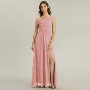 EVER-PRETTY 2026 New Trend Asymmetric Neck Chiffon Maxi Dress Thigh-High Slit Ruched Flowy Wedding Guest Bridesmaid Evening Party Gown ES02663