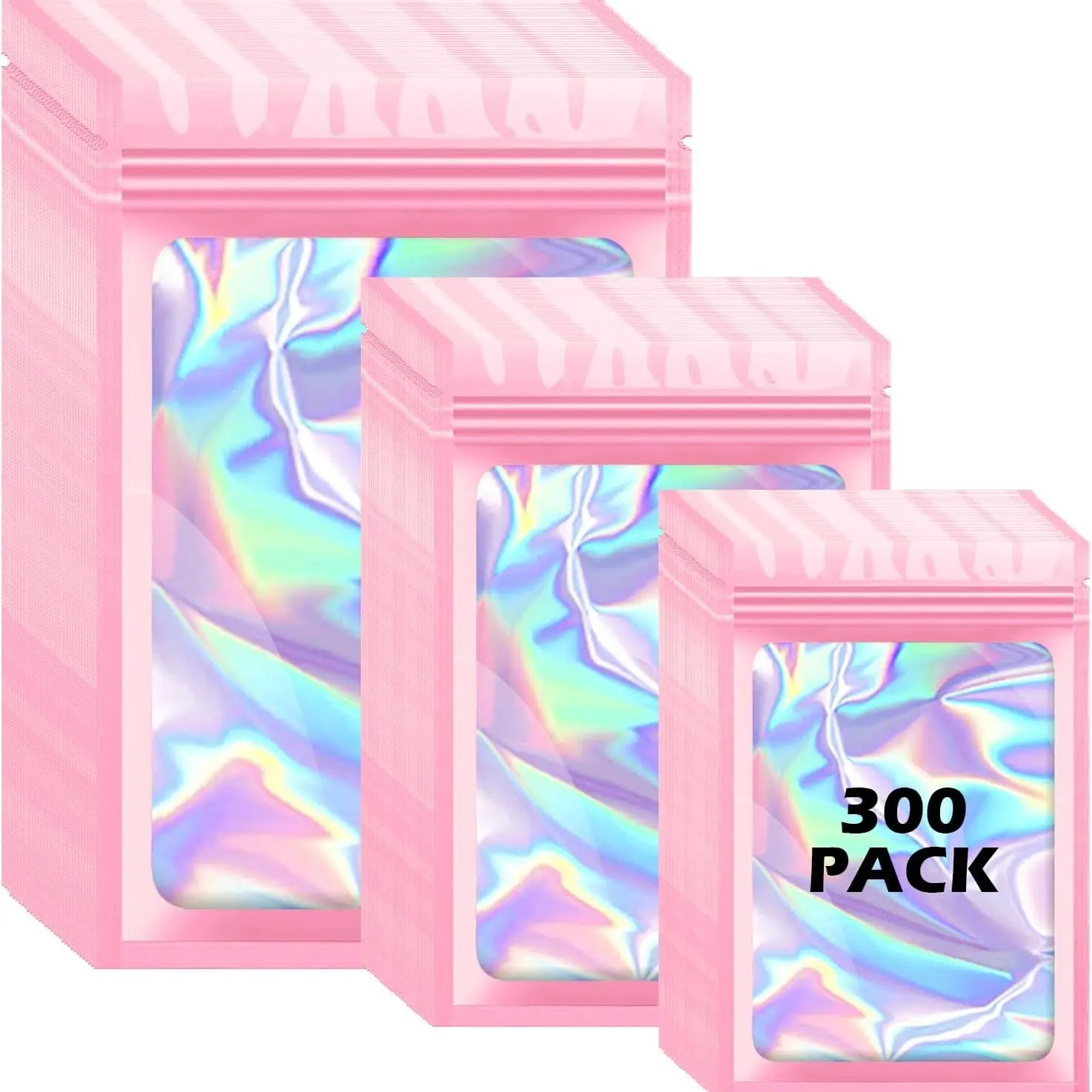 300 Pcs 3-Size Pink Reflective Holographic Aluminium Mylar Self-Seal Storage Bags - Home Organizer Snack Storage Bag Pack, Sealed Pack Smell-Proof Zipper Pouches with Window Foil, 4.7x7.9in for Jewelry
