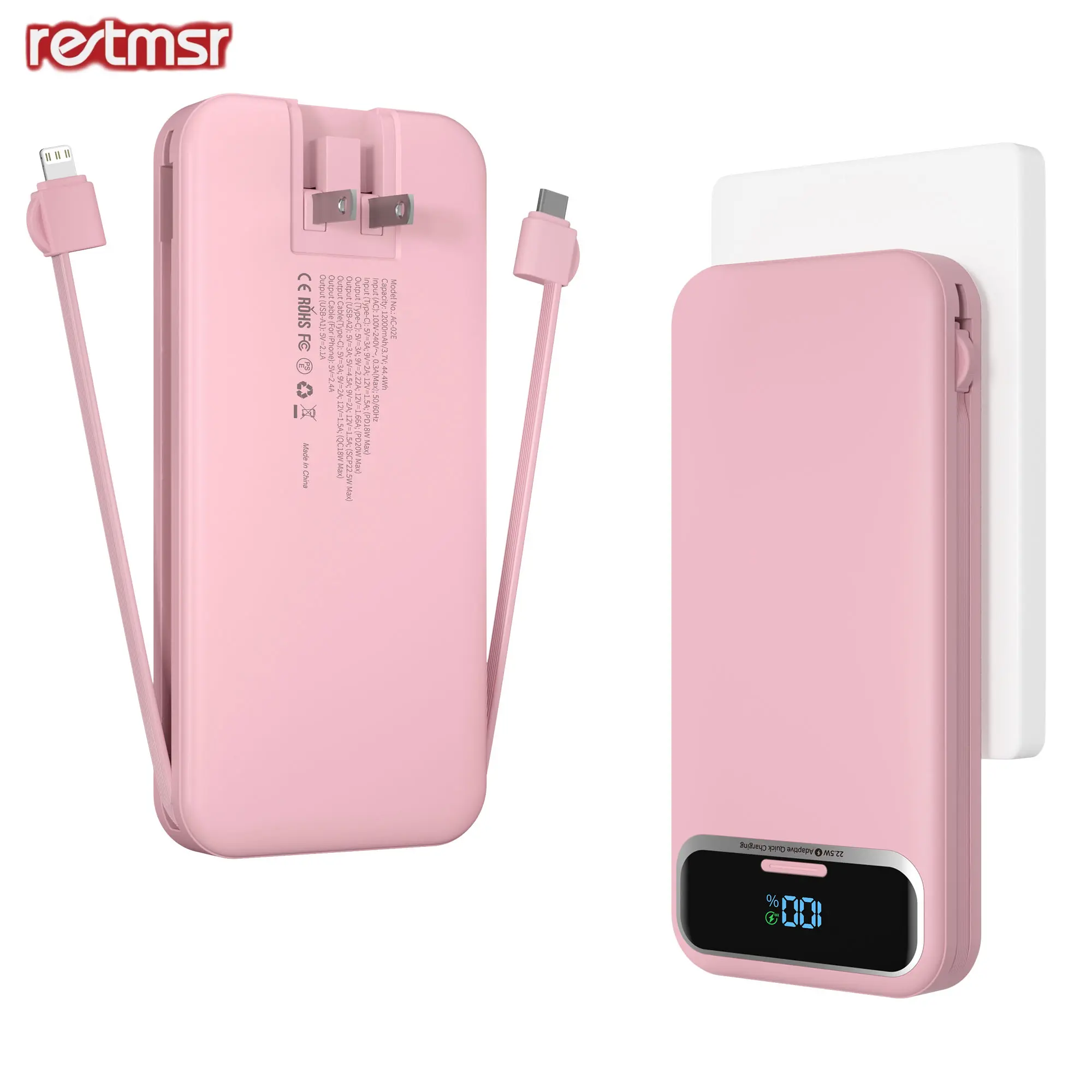 RETMSR 220g Ultra-thin Portable Rechargeable Battery Power Bank Charger (10001-20000mAh) with AC Socket, Wall Plug, Built-in Cables, 22.5W SCP Quick Charge, USB 2.0, Micro USB, Digital Display (Pink) for Smartphones - Mobile Phone Accessories