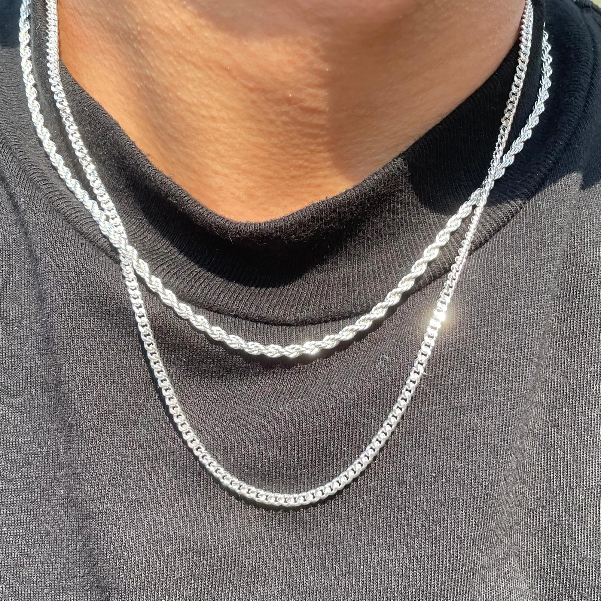Tewiky Men's 2-Piece 3mm Layered Cuban Link & Rope Chain Necklaces Set, 18-28in Silver Trendy Summer Vibes Jewelry, 2 piece sets for Boyfriend Anniversary & Birthday Gifting, Gifts For Boyfriend, Birthday Gifts For Bf, Stylish Accessories, Guys Gifts, Uni