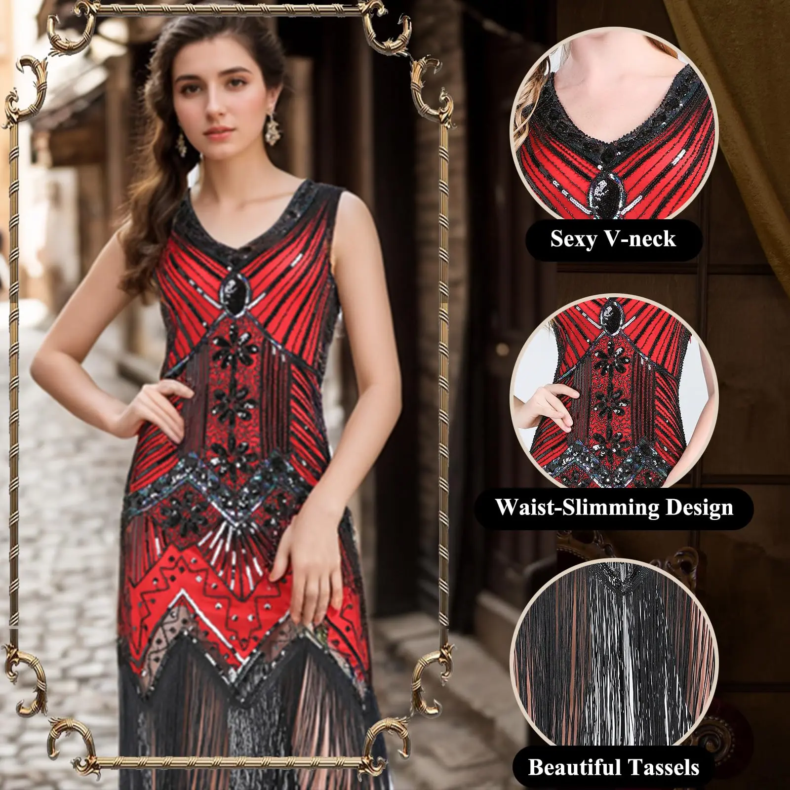 FEPITO Women's Vintage 1920s Flapper Costume Set - V-Neck Sequin Beaded Fringed Mid-Length Zipper Dress with Great Gatsby Accessories (Fishnet Tights, Black Long Gloves, Earrings, Headband, Pearl Necklace) for Party Wear, Tango (Style 4, Red) Midi Clothes