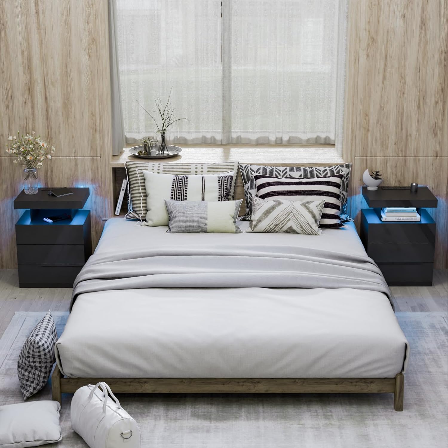 HOMMPA LED Nightstand with Wireless Charging Station & USB Ports, Modern Bedside Table, 3 Drawer Black Night Stand with Open Compartment, Smart Nightstand High Gloss Surface for Bedroom