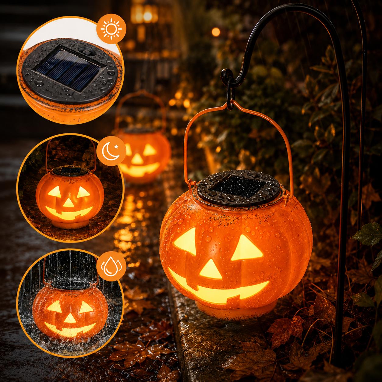 Halloween Solar Jack-O-Lantern Hanging Light, Auto On/Off Pumpkin Solar Lantern, Waterproof Outdoor Spooky Decor for Garden Front Door Lawn