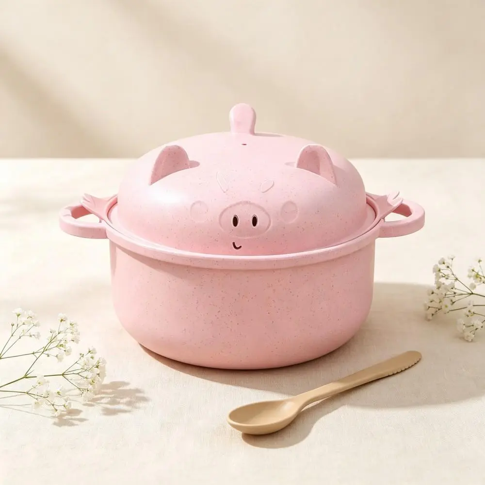 Household Storage Friendly Wheat Straw Noodle Cooker Set, Strainer Lid Included Complete Cutlery Tableware(Pig-Pink）