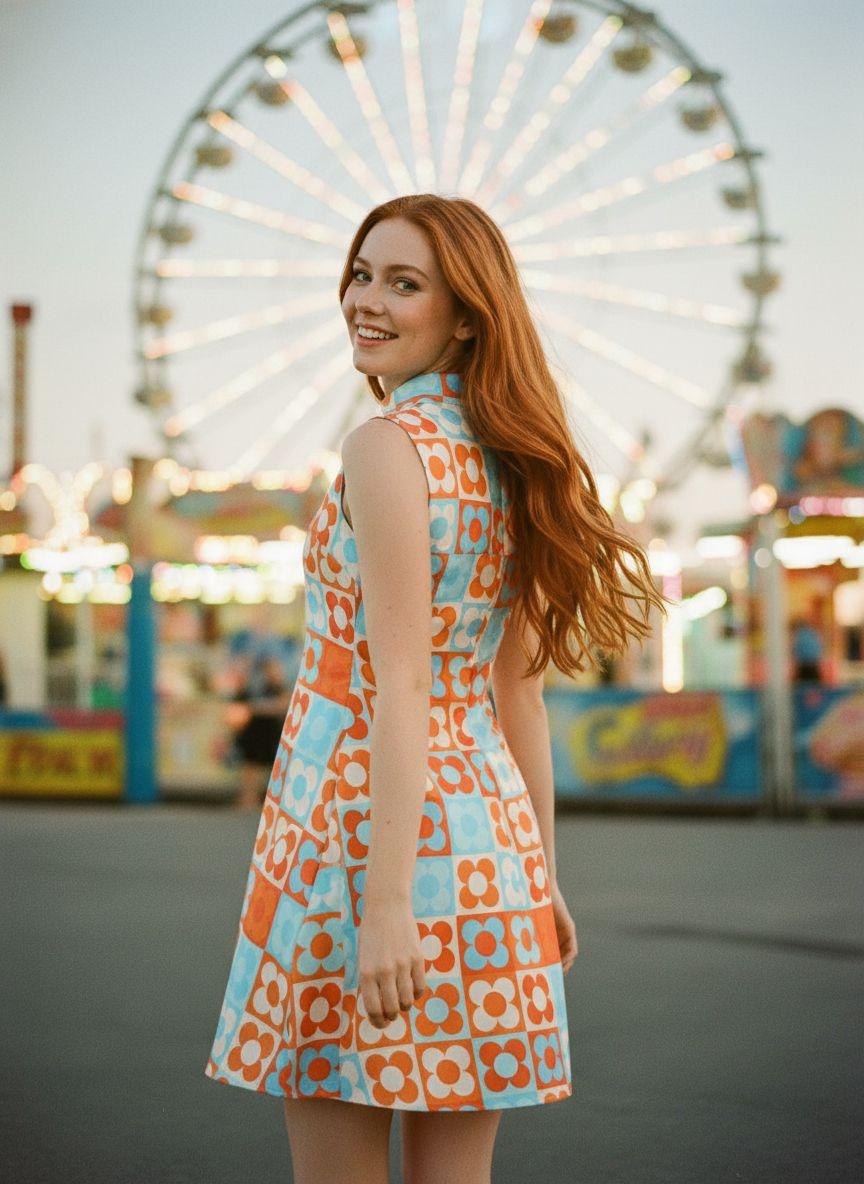 ORANGE & BLUE 1960S FLORAL STAND COLLAR DRESS Bohemian Summer Outfit Casual Everyday Wear