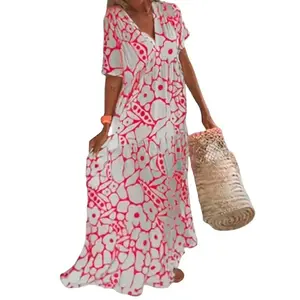 Summer New Printed Short Sleeve Deep V Neck Long Dress for Women Casual Womenswear summer outfits milkmaid dresses
