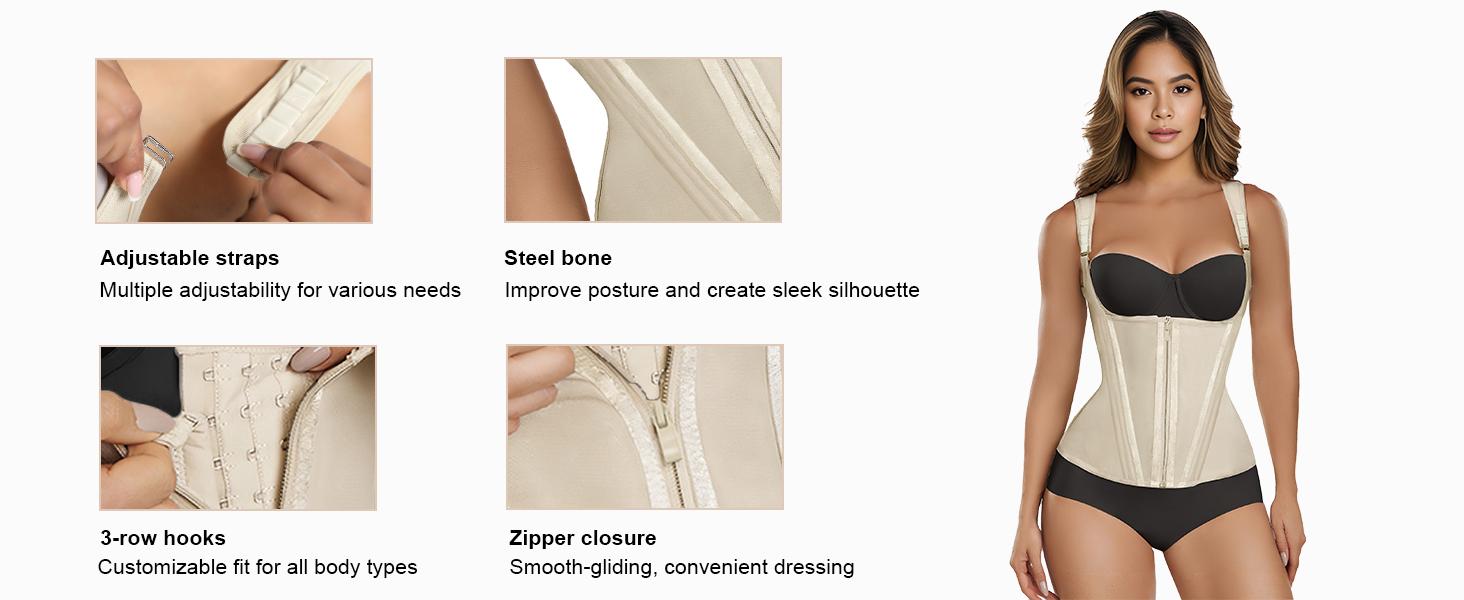 SHAPERX Women's Curve Defining Hourglass Shaper Tummy Control Shapewear Top Zipper and Closures