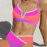 POPVIL Women's 2-Piece Neon Colorblock Bikini Set - Sports Swimwear with V-Cut Neckline Triangle Top, Built-In Insert Pads, Mid-Rise High-Waisted Cheeky Bottoms, Tummy Control for Beach Use