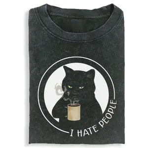 I HATE PEOPLE CAT T-shirt, Unisex Vintage Crew Neck Regular Fit Cotton Fabric Casual Comfort Breathable Short Sleeve Funny T-shirts Fashion Men&Women's Top for Streetwear 030502